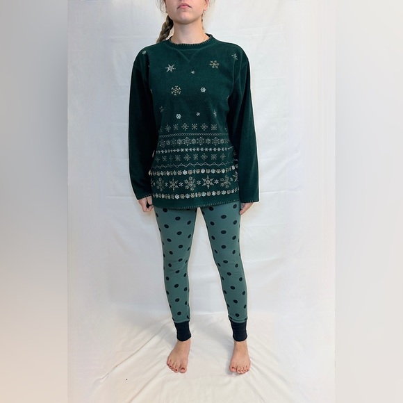 Vintage Bobbie Brooks Fleece Snowflake Holiday Crew Jumper - Forest Green - M - Picture 2 of 10